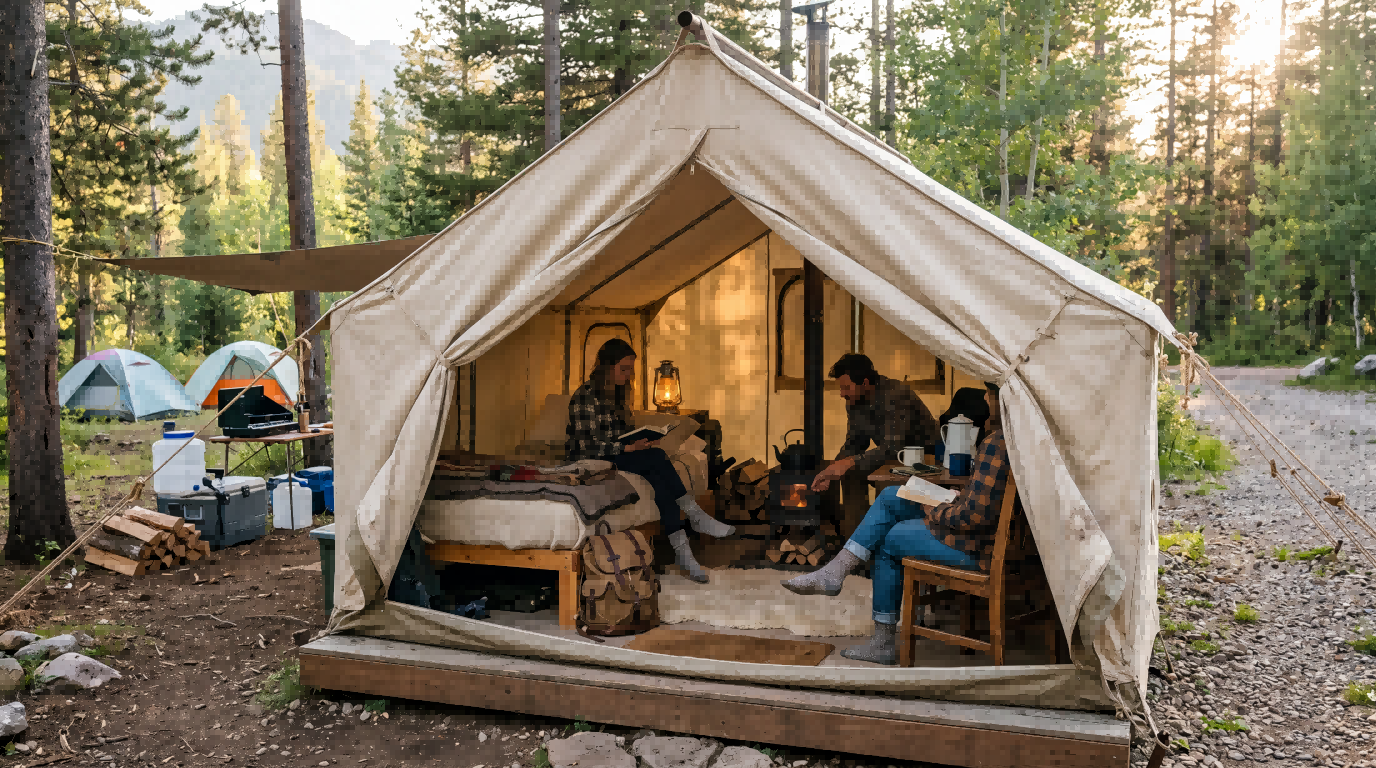 Canvas tent in a real campground setup showing practical comfort, slower outdoor living, and the maintenance-aware ownership model